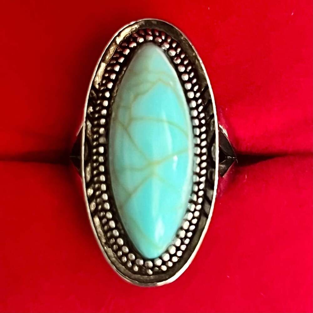 Southwestern Titanium Steel Silver Turquoise Oval Statement Ring Size 8